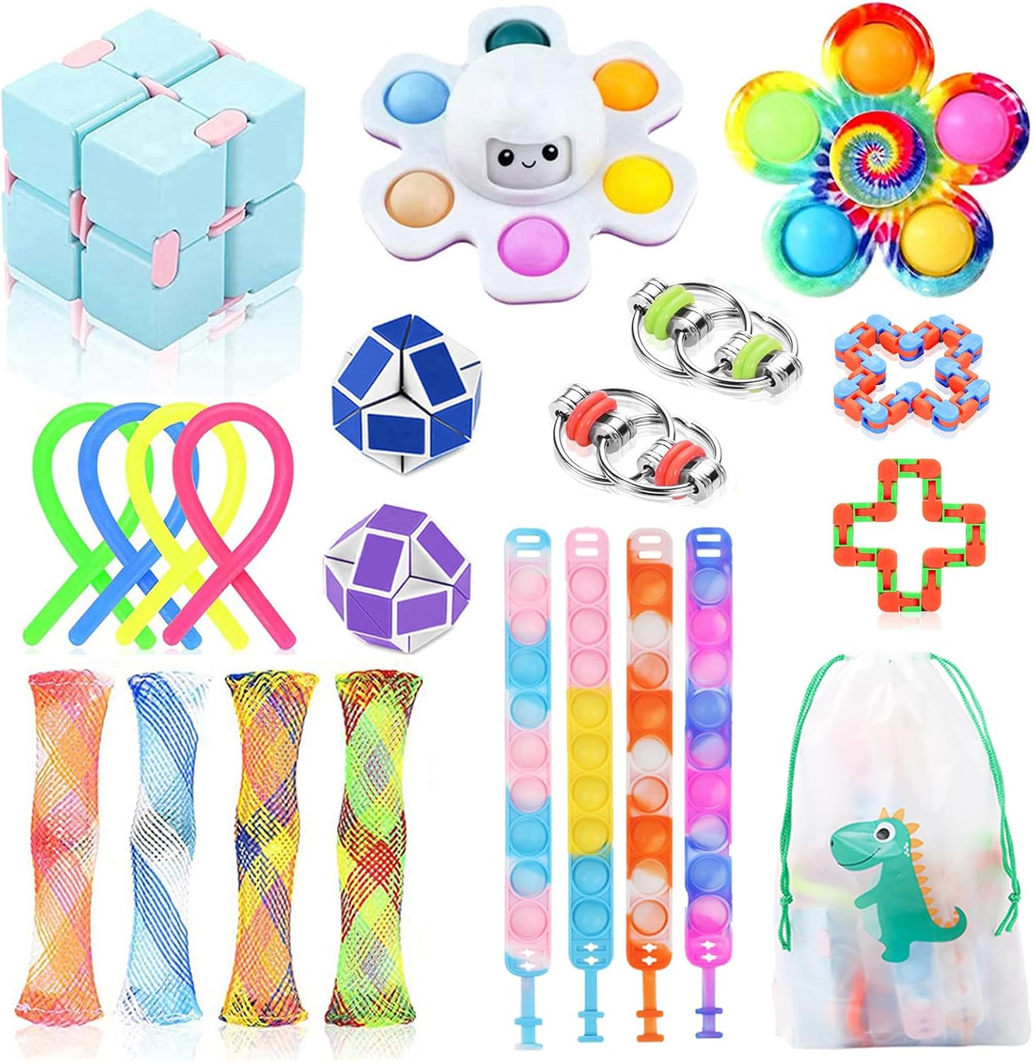 Pack 22 piezas de juguetes sensoriales antiestrés (spinner, pop it, cubo infinito…)