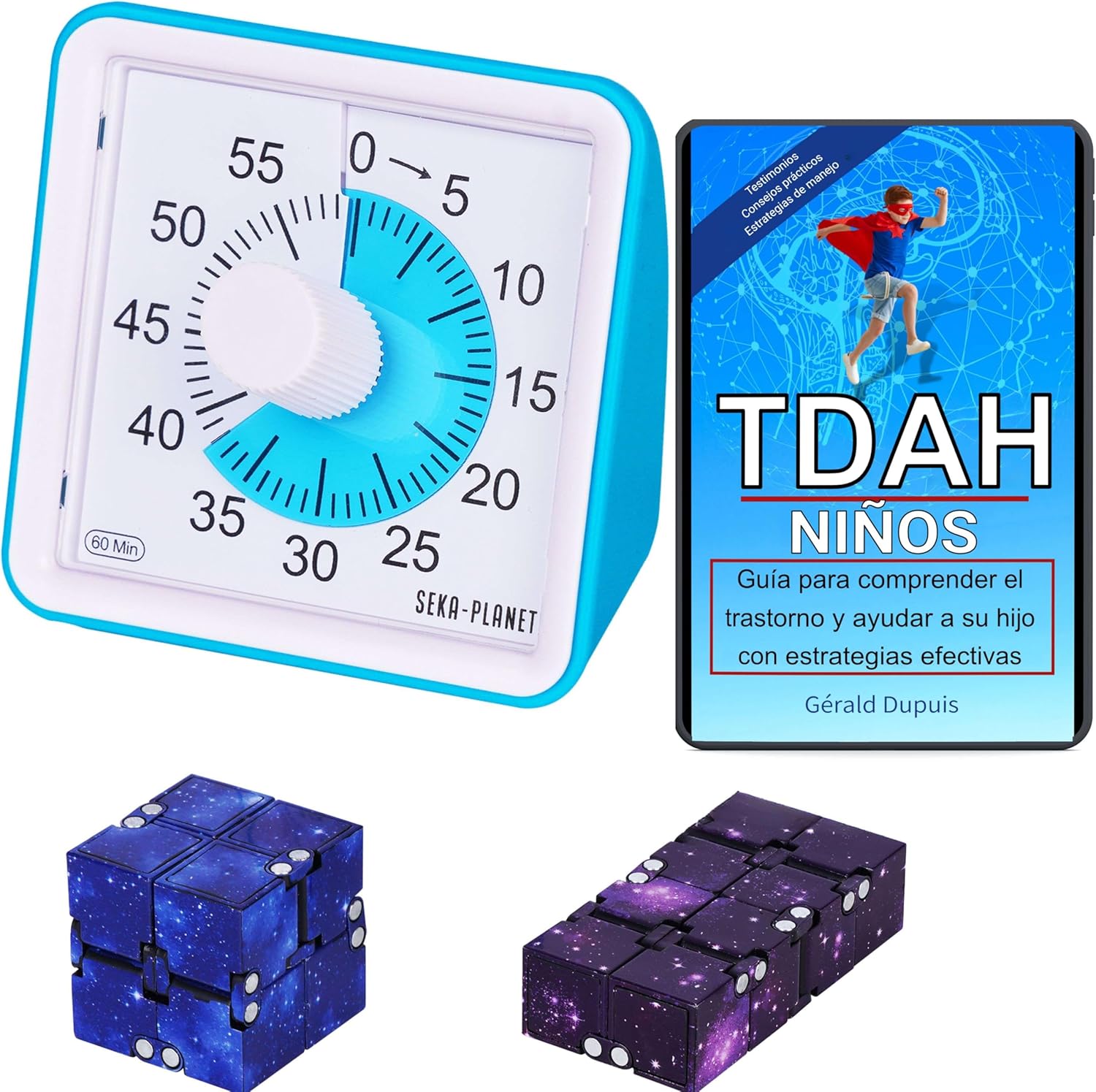 Temporizador visual para niños con TDAH (60 min, silencioso) + 2 cubos infinitos